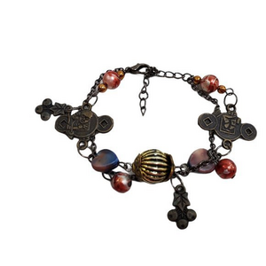 Oriental Bracelet Chain Gold Tone Red Beaded Cherr‎